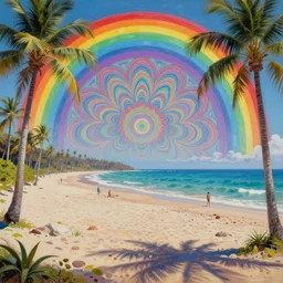 cinematic view of a rainbow dmt sunny beach filled with intricate and perfect patterns, palm trees, desaturated, psychedelic, dmt art, tim hildebrandt, alex grey, android jones, oil on canvas, masterpiece, trending on artstation, featured on pixiv, cinematic composition, sharp, details, hyper - detailed, hd, hdr, 4 k, 8 k