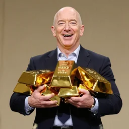 jeff bezos laughing with arms full holding gold bars