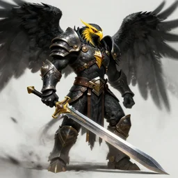 Black Dark Aarakocra Eagle Warlord, Yellow Beak, epic armor,wielding longsword, epic character portrait, dnd commission,epic rpg artwork,4K, 8K, very detailed, trending on artstation
