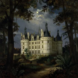 a renaissance castle in a forest with a glowing night sky, upward angle, by theodore chasseriau