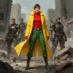 character desing concept art cybersoldiers wearing, red top, green cargo pants, long tailored yellow coat in a ruined city by rossdraws, greg rutkowski, artgerm, rossdraws, jparked, jordan grimmer, artstation, intricated, detailed, octane rendered, epic scene