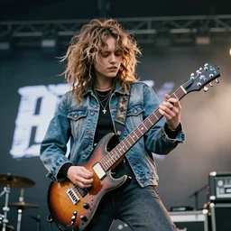 1 9 - year - old girl with shaggy, unkempt, permed hair, double denim, headbanging, playing electric guitar, heavy rock concert, 2 0 2 1 live in concert, streaming 4 k quality