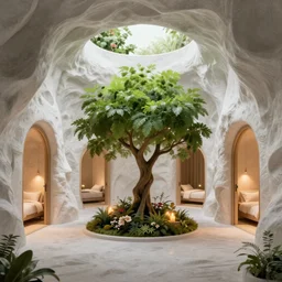 secret overwatch common area carved inside a cave, doors to various bedrooms, sheltered, magical, natural light, lush central tree, flowers, candle light, cinematic lighting, clean lines, cozy, fantasy, minimalist architecture, sharp focus, concept art, octane render 4 k, artstation, by greg rutkowski