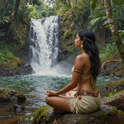 a realistic painting of a female incan meditating near a waterfall in the amazon jungle, gazing at the water, highly detailed, art by christophe vacher