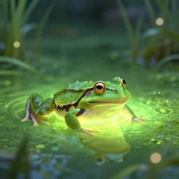 green frog swimming in a glowing bright swamp at night, photorealistic render, bloom, bokeh blur, simulated, unreal engine, cgsociety