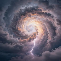 cloud vortex, storm, symmetric, spiral, volumetric clouds, fog, lightning, vibrant realflow smoke rendered in houdini, photorealistic, intricate, soft lighting, glowing clouds, high quality 4 k trending on artstation, made by zak katara and tomer meltser