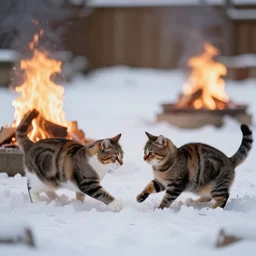 2 cats playing in the snow next to fire