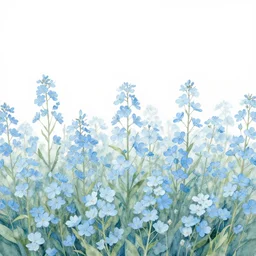 field of light blue flowers, white background, matte painting
