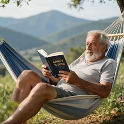 my older italian wise friend on a hammock, reading new book, gravity is strong, he is very relaxed, muscular legs, bouncy belly, mountains in a background