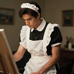 Hector Salamanca dressed in a maid outfit, camera facing downwards, dimly lit room, painting