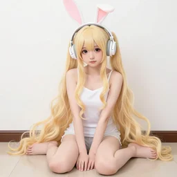full _ body _ shot _ _ a _ very _ beautiful _ young _ anime _ girl _ sitting _ with _ bunny _ headphones _ extremely _ long _ wavy _ long _ blond