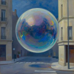 oil painting the iridescent ball, floating ominously around the city corner by rene magriette