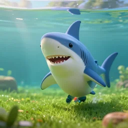 cute happy teenager shark human hybrid walking on the green grass in a glass pool, award - winning pet photography, soft lighting, ultra detailed, dslr, cinematic, volumetric lighting, 8 k resolution, photorealistic