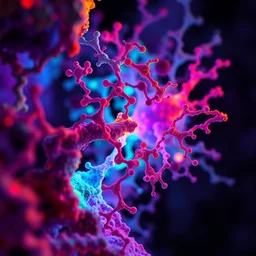 electron microscope enlargement of a cascading protein - to - protein kinase interactions, causing cancer cells division, volumetric complementary colors, refracted kodachromatic internal lighting