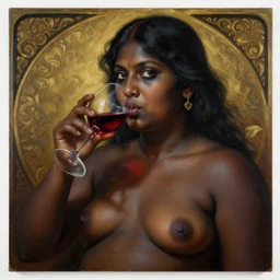 painting of a dark nepali female drinking red wine, big eyes, fat, ultra realistic, concept art, intricate details, eerie, highly detailed, photorealistic, octane render, 8 k, unreal engine. art by artgerm and greg rutkowski and alphonse mucha