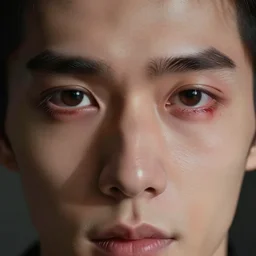wide angle shot of the face of a man with bloodshot eyes