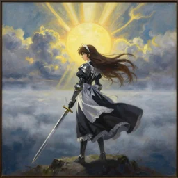anime key visual of wanderer above the sea of fog 1 8 1 8 but figure is anime maid in armor set in grimdark fantasy with long flowing brown hair, holding sword, sunrays between clouds, in the style of jamie wyeth james gilleard edward hopper greg rutkowski acrylic painting, oil on canvas, preserved museum piece, historical