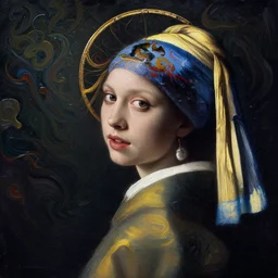 a portrait of a very beautiful kpop goddess, seductive look, wearing an intricate halo with hair radiating swirling paint and impasto by irakli nadar, vermeer and caravaggio, background is volumetric displacement, paint swirls, no hands, hyperreal, dark, dramatic lighting, analogous complementary colour scheme