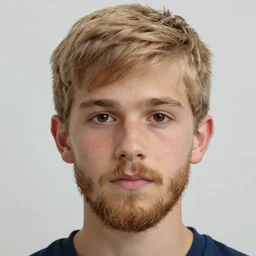 athletic 2 0 years old boy, light brown blonde hair, light brown blonde full beard, dark brown eyes, thin eyebrows, thin head, thin nose, tanned skin, short hair,