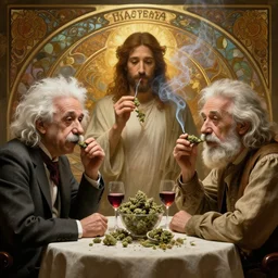 jesus christ, albert einstein, darwin, meeting on a table, smoking weed, drinking wine, drunk, in the afterlife, photorealism, volumetric lightening, smoke, octane render, hyperdetailed, beautiful, art, by alphonse mucha