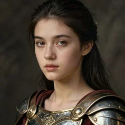 close - up portrait of beautiful young woman dressed gladiator with metallic armor, art by peter lindbergh