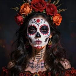 illustration of a sugar skull day of the dead girl, art by carlos shwabe