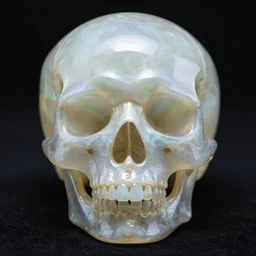 single opalescent gemstone skull sculpture in black background, shiny, photography, photorealism, digital art