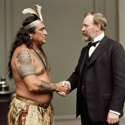 a tattooed maori dignitary shakes hands with a 2 0 th century english caucasian industrialist, colorized 1 9 0 4 photo, kodak camera, historical event, credit the national archives of the united kingdom