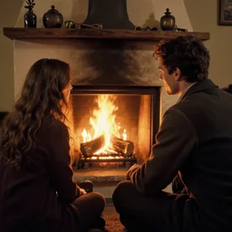 man in a waistcoat staring at a log fire jelious girlfriend, 1 5 0 mm lighting effect