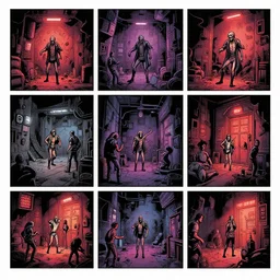 full page comic book drawings of disturbing nightclub urbex scenes, urban hell on a hot summer night, neon color palette, by carel willink and gregory crewdson, moebious, jean giraud, comic book panels, octane render