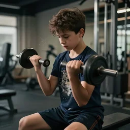 a shredded boy in the gym, doing bicep curl, cinematic lighting, realistic, 8 k