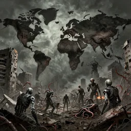 the terrible fate of the world after nuclear war, ruined cities, ai robot tendril remnants, biomachine war against humanity, beksinski, giger, ambient art wallpaper popular on artstation