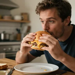 a man enjoying a burger full of cheese in his kitchen, 4 k, cinematography, photography, realistic, detailed,