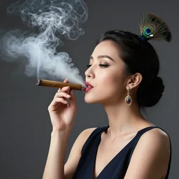 An elegant lady smoking cigar and blowing smoke cloud resembling a peacock
