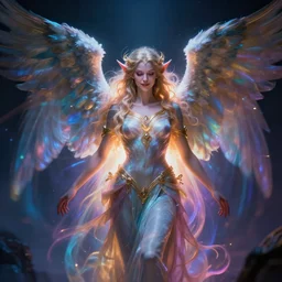 of a portrait of a biblically accurate seraphim angel fused with Wisp art style , night elves from warcraft 3 and the entity is emitting colorful radial motion blur energy, Rembrandt lighting low key. Angel energy fused with post Solar punk aesthetics. Subtle joyful facial expression. n 4