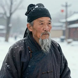 Old chinese man in the snow, artwork by Craig Mullins,Movie poster, detailed, trending on artstation