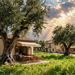 a traditional pizzeria in the street of a small village on the riviera. a terrace in the shade of a hundred - year - old olive, cinematic view, epic sky, detailed, concept art, low angle, high detail, warm lighting, volumetric, godrays, vivid, beautiful, trending on artstation, by jordan grimmer, huge scene, grass, art greg rutkowski