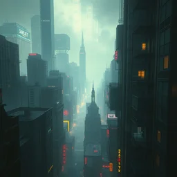 a painting of a cinematic keyframe of a cyberpunk dystopian city, blade runner like seen from above, cenital shot, by greg rutkowski, rule of thirds, golden ratio, ambient lighting, wlop, artgerm, artstation, highly detailed masterpiece, dark fantasy art, high detail, trending on artstation