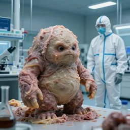 a blobby flesh creature grows out of control in a high tech science lab as one single man in a hazmat suit watches helplessly