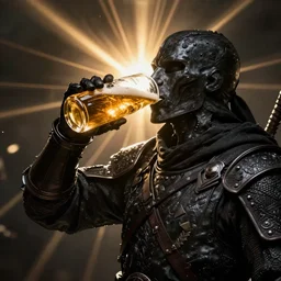 dark soldier drinks beer in the style of dark souls, screenshot