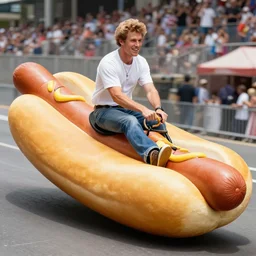 a photograph of john kelly riding a giant hot dog