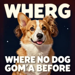 a portrait of soviet space dog, artwork by gaston bussiere, craig mullins, trending on artstation, breed corgi and doodle mix, text bodly, where no dog has gone before
