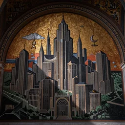 byzantine mosaic of a futuristic city, isometric, terracotta black scheme, muted colors