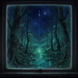 the pole star grinning at me through a window from over the horrible swaying trees of a dream - swamp, artgerm, artstation, ultra detailed, 8 k,