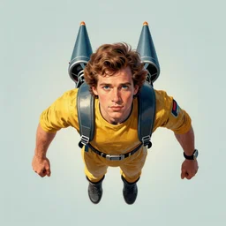 portrait of a man flying a jetpack!! symmetry, top view, expressive tone, retro 8 0 s style, colourful, accurate, realistic illustration, art by peter elson,