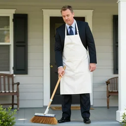 clean - shaven 2 0 1 2 jon favreau wearing a black suit and necktie and apron is sweeping the front porch of a house.