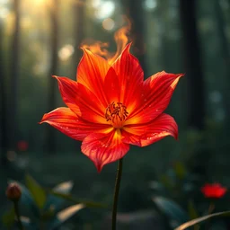 hyper realistic flower with fire texture on the petals, beaultiful forest background, bokeh, illustrated by greg rutkowski, beautiful volumetric lighting, intricate, ultra detailed, photorealistic, trending on artstation, octane render, 8 k