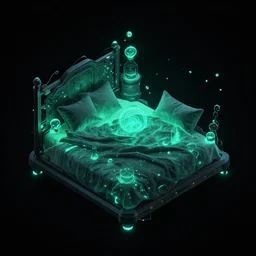 isometric bed with alien aesthetic and biolumnescent gree cyan neon type lights all in a black background behance, beeple
