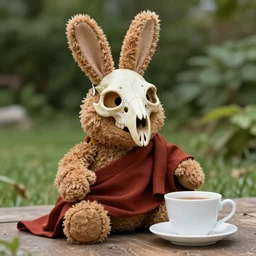 a huggable brown rabbit muppet monk wearing a wolf skull as a mask and dat beside a cup of tea, photorealistic, nature, photography, national geographic, sesame street