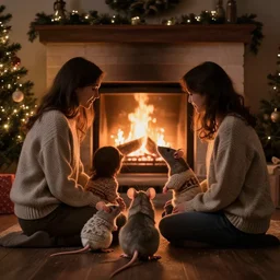 a mouse family sitting in front of a cozy christmas fireplace wearing woolen sweater, cinematic lighting, dark atmosphere